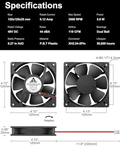 GDSTIME 120mm 48V DC Cooling Fan 12cm x 2.5cm (4.72x0.98 inches) | Dual Ball Bearing for Servers & Electronics thumbnail 2