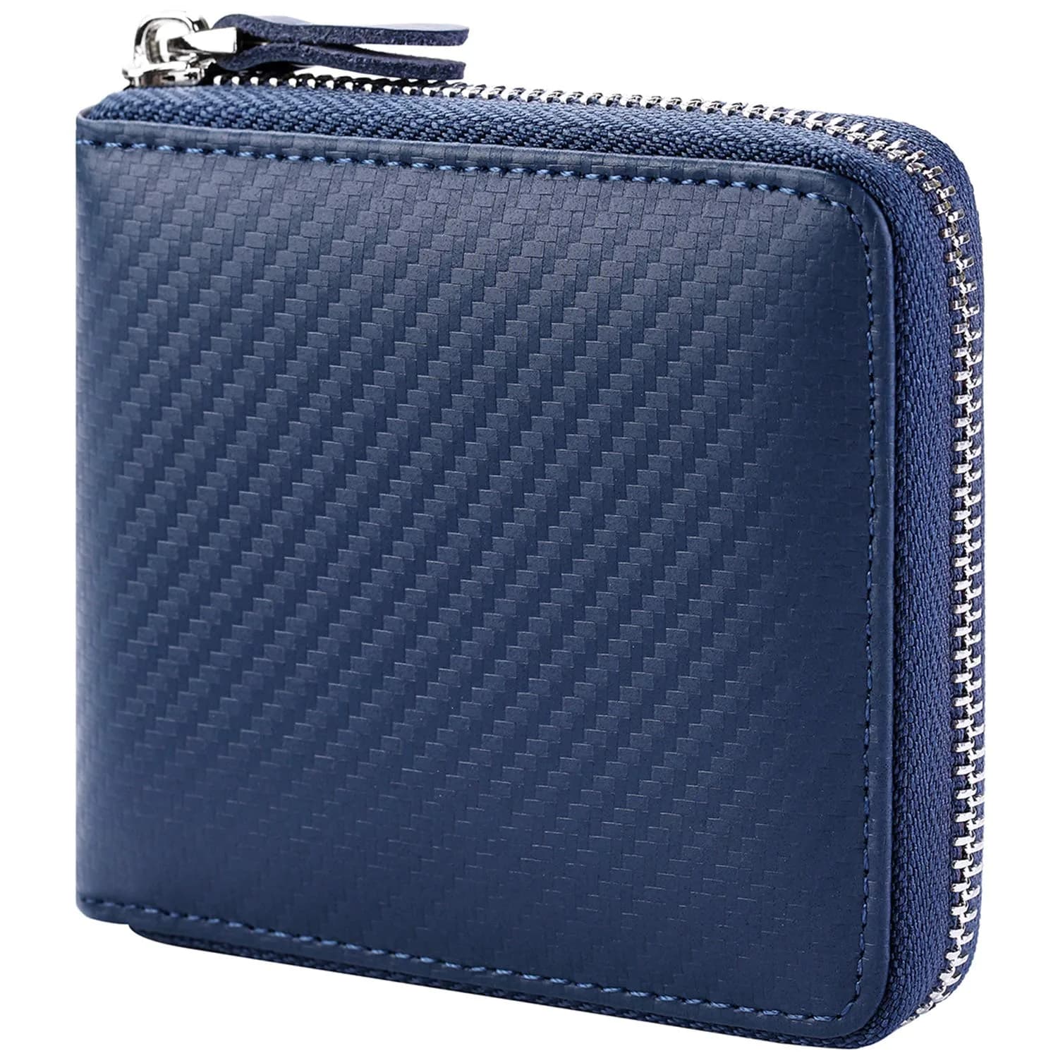 Huztencor Genuine Leather RFID Blocking Zipper Wallet for Men | Black, 11.5cm x 10.5cm x 2cm (4.5" x 4.1" x 0.8") — Carbon Fiber Blue