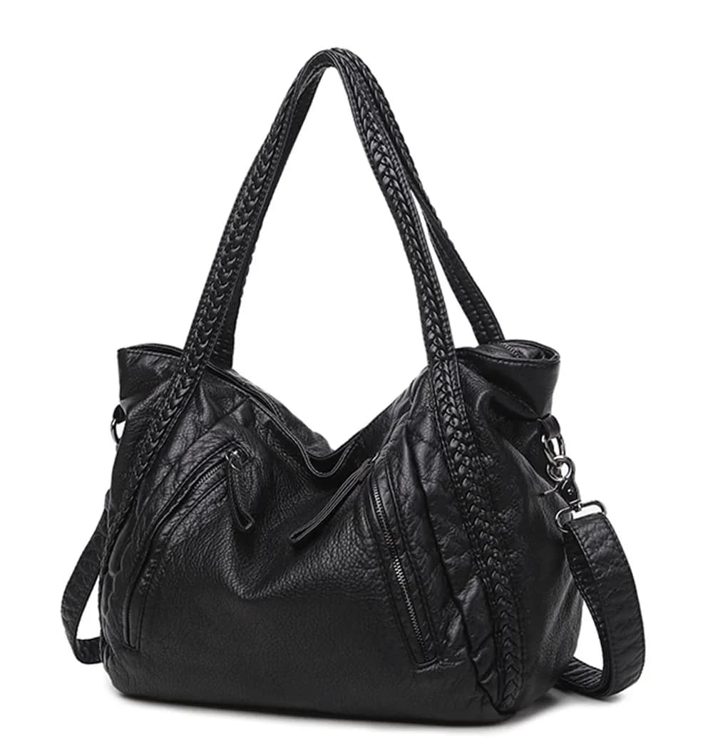 Mn&Sue Black Hobo Bag Large | Soft Faux Leather Slouchy Tote Purse with Detachable Strap — Black