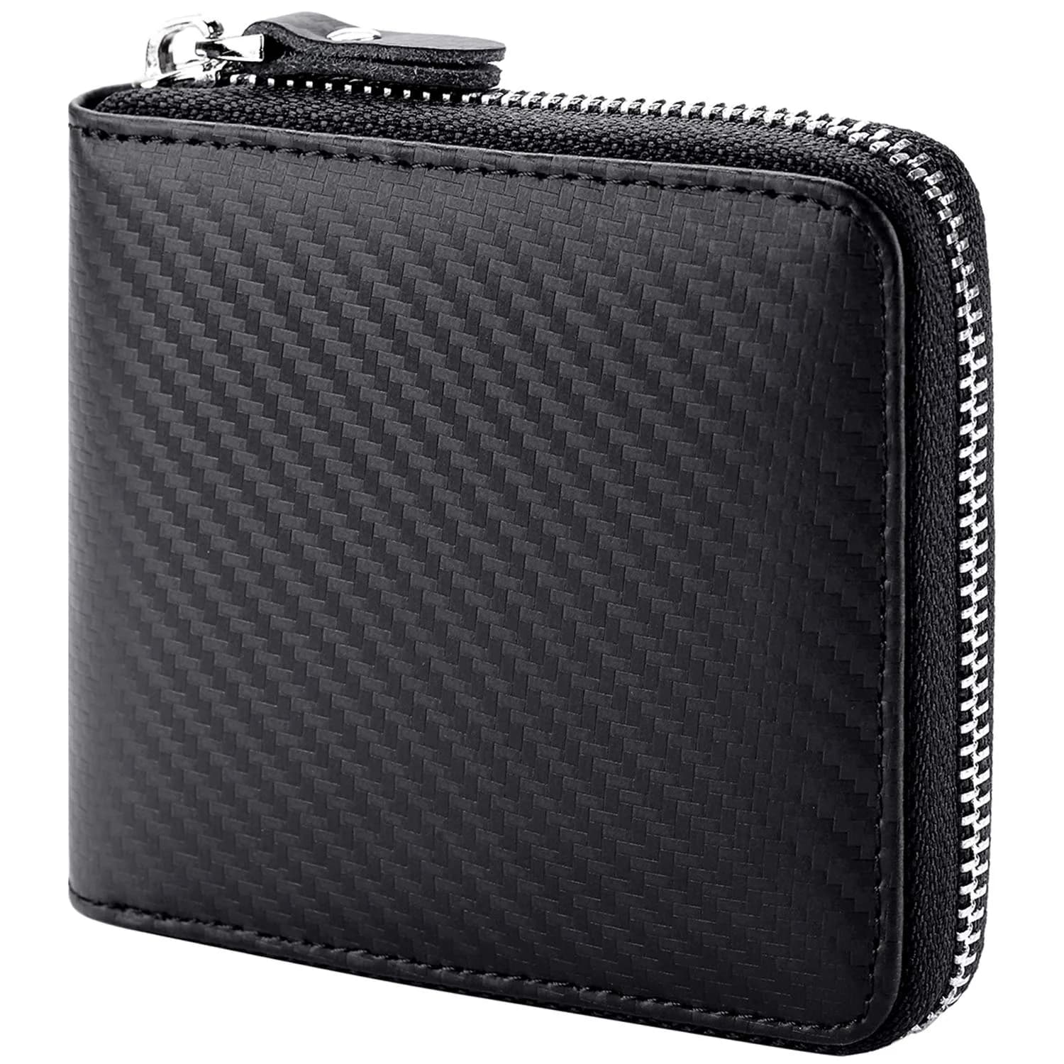Huztencor Genuine Leather RFID Blocking Zipper Wallet for Men | Black, 11.5cm x 10.5cm x 2cm (4.5" x 4.1" x 0.8") — Carbon Fiber Black