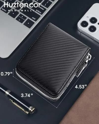 Huztencor RFID Blocking Leather Zipper Wallet for Men | Carbon Fiber Black, 11.5cm x 10.5cm x 2cm (4.5" x 4.1" x 0.8") thumbnail 3