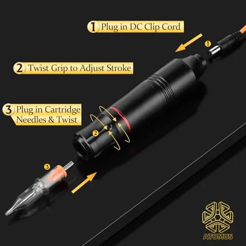 ATOMUS Rotary Tattoo Machine Pen Style Cartridge Machine Gun Liner Shader with DC Cord 9000r/m Motor Zinc Alloy Tattoo Machine Kit for Body Art Tattoo (Black) thumbnail 6