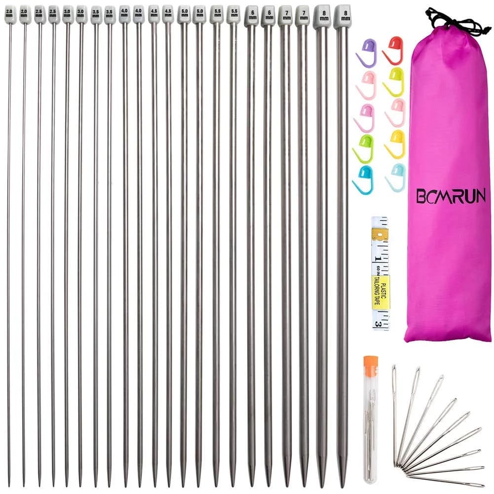 BCMRUN Knitting Needle Set 2mm-8mm (0.08-0.31 inch) | 22PCS Stainless Steel Straight Needles with Accessories