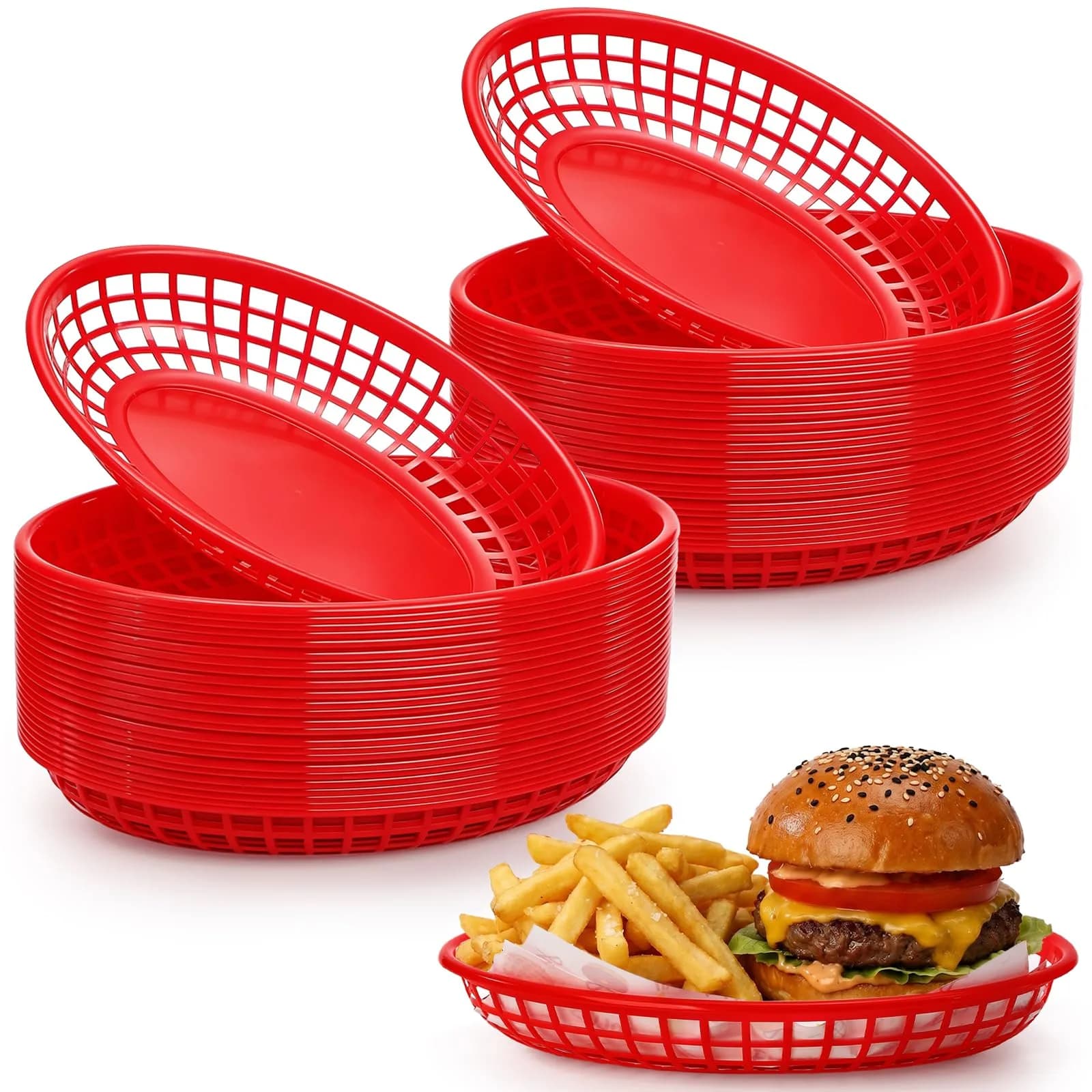Kingrol 50 Pack Oval Fast Food Baskets, 8.9 x 5.6 x 1.5 Inch Plastic Storage Basket Bin for Home, Office, School, Picnic - main product image