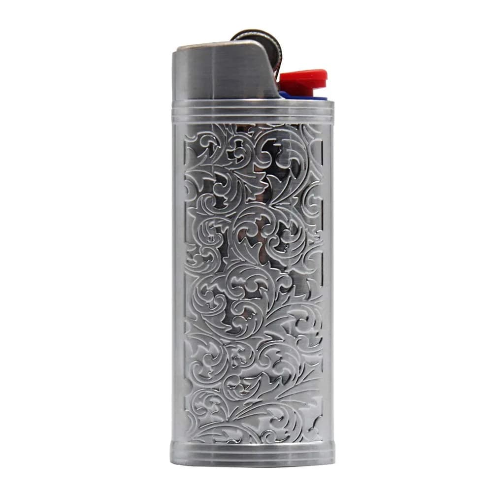 Lucklybestseller Metal Lighter Case Cover Holder Vintage Floral Stamped for BIC Full Size Lighter J6 (White Gold) | Protective Case — Silver Gray