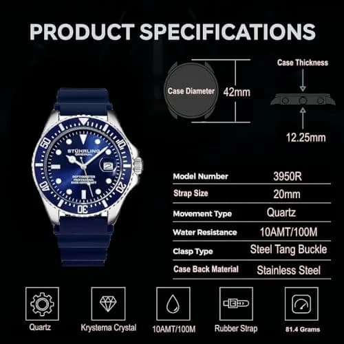 Stuhrling Original Men’s Dive Watch 42mm Stainless Steel | Water Resistant to 100M, Japanese Quartz, Rubber Strap thumbnail 6