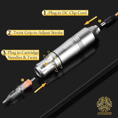 ATOMUS Rotary Tattoo Machine Pen Style Cartridge Machine Gun Liner Shader with DC Cord 9000r/m Motor Zinc Alloy Tattoo Machine Kit for Body Art Tattoo (Silver) thumbnail 6