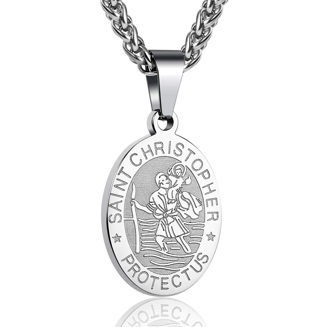 P. BLAKE Gold St Christopher Medal Necklace for Men & Boys, 24 inch (61 cm) Chain | Religious Catholic Jewelry — Silver / St.Christopher