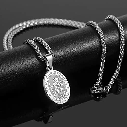 P. BLAKE Saint Christopher Medal Necklace for Men, Silver Stainless Steel Pendant Chain | Religious Travel Protection Jewelry thumbnail 4