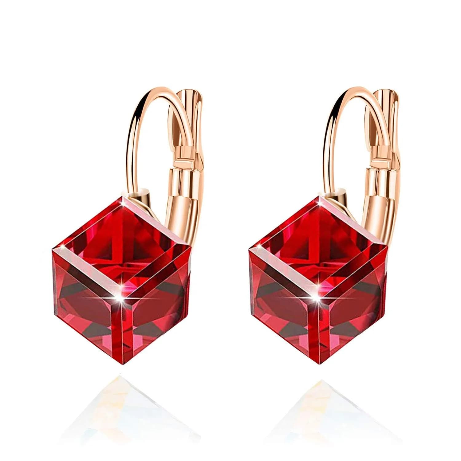 EVEVIC Austrian Crystal Cube Drop Leverback Earrings for Women | 2.29cm (0.9 in) x 1.52cm (0.6 in) Blue Crystal — Red
