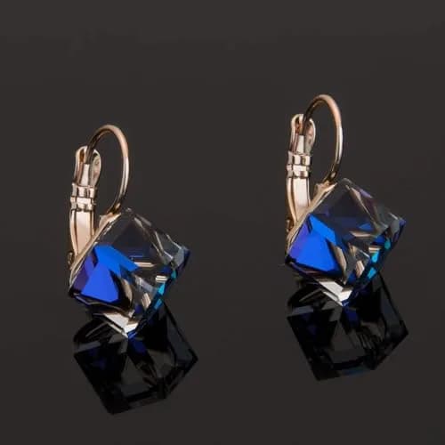EVEVIC Austrian Crystal Cube Drop Leverback Earrings for Women | 2.29cm (0.9 in) x 1.52cm (0.6 in) Blue Crystal thumbnail 5