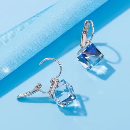 EVEVIC Austrian Crystal Cube Drop Leverback Earrings for Women | 2.29cm (0.9 in) x 1.52cm (0.6 in) Blue Crystal thumbnail 6