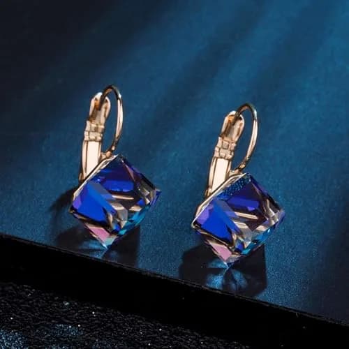 EVEVIC Austrian Crystal Cube Drop Leverback Earrings for Women | 2.29cm (0.9 in) x 1.52cm (0.6 in) Blue Crystal thumbnail 3