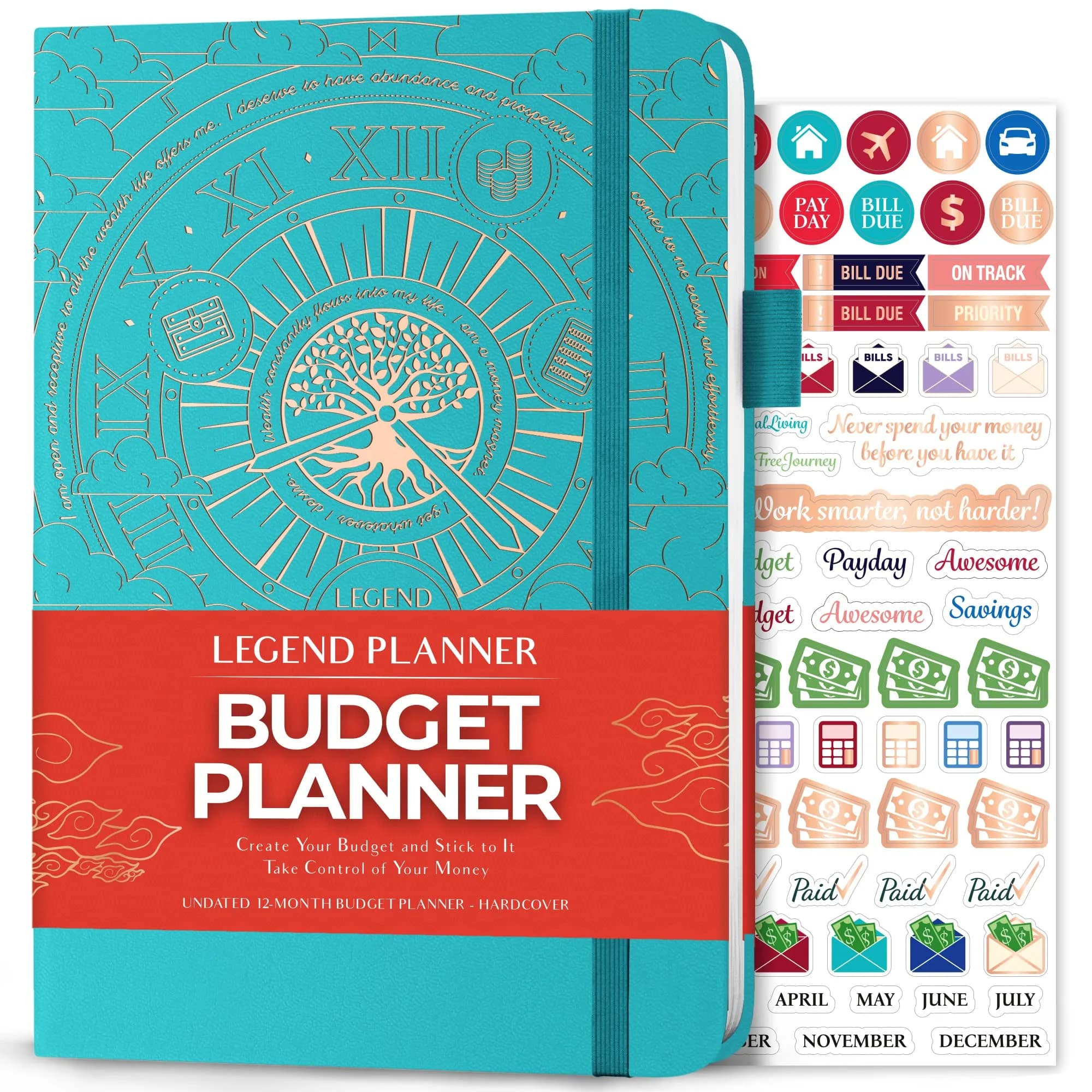 Legend Budget Planner Undated Monthly Budgeting & Bill Book Rose Gold A5 (5.5 x 8.3 in) | Organize Finances & Track Spending — Turquoise