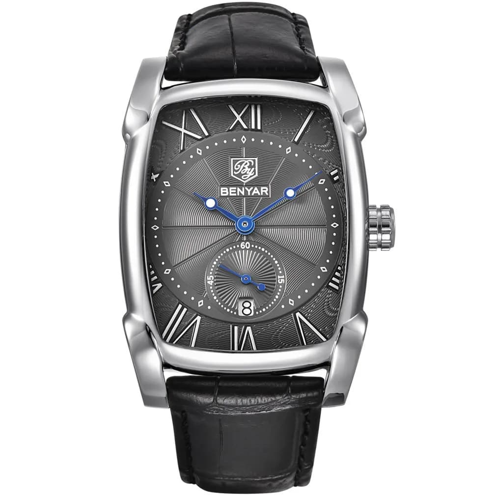 BENYAR Classic Rectangle Vintage Design Watch for Men | 44mm Case, Genuine Leather Strap, 30M Water Resistant — 5114 Black