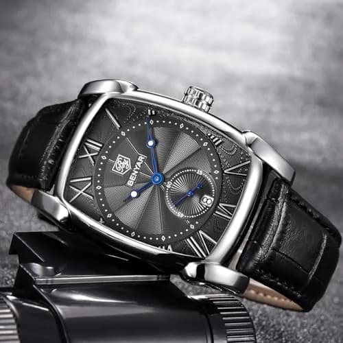 BENYAR Classic Rectangle Vintage Design Watch for Men | 41.7mm Case, Genuine Leather Strap, 30M Water Resistance thumbnail 2