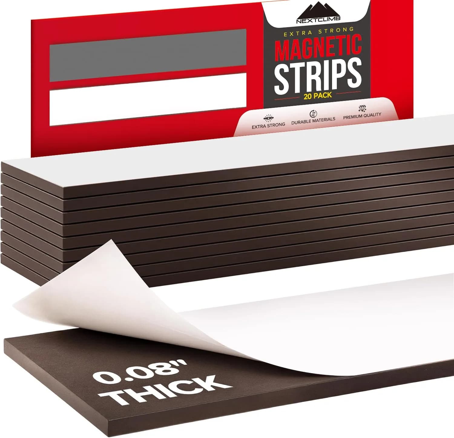 NextClimb Magnetic Tape Strips with Adhesive Backing | Strong Adhesive Magnets for Crafts | Flat No-Roll Flexible Sticky Magnet Sheet Stickers for Wall, Whiteboard, Fridge (20 Tape Strips - 6" / 15.24 cm) - main product image
