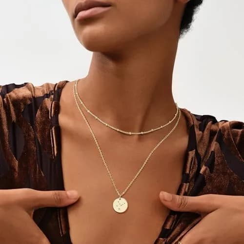 MEVECCO Cancer Engraved Zodiac Disc Necklace for Women | Adjustable 19-21" Gold Plated Brass Pendant thumbnail 2