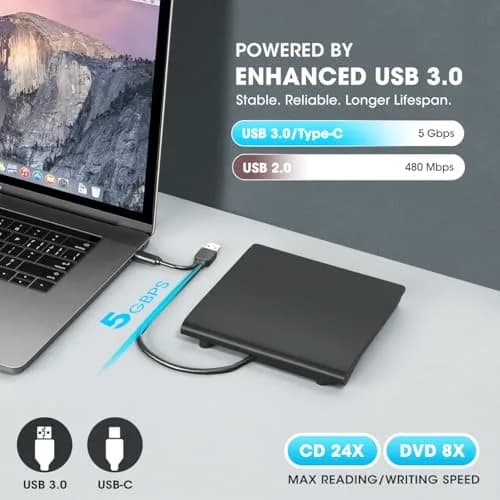 ROOFULL External CD DVD Drive with Case, USB 3.0 Type-C, 15.6cm (5.5in) | Reads & Writes CDs/DVDs thumbnail 3