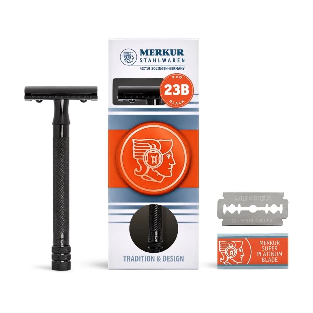 MERKUR 23B Double Edge Safety Razor - Black Long Knurled Brass Handle | German Craftsmanship, Plastic-Free