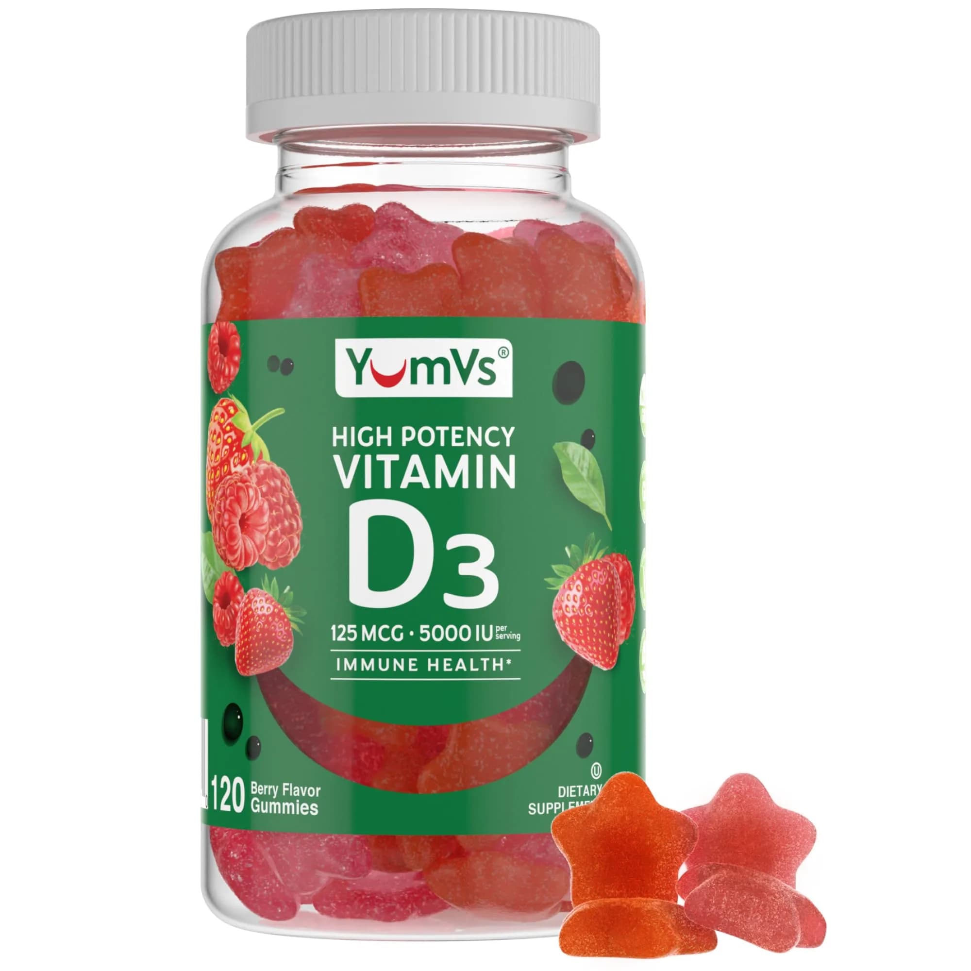 YUM-V'S Vitamin D3 Gummies 120 Count | 5000 IU Berry Vegetarian Supplement with Immune & Bone Support - main product image