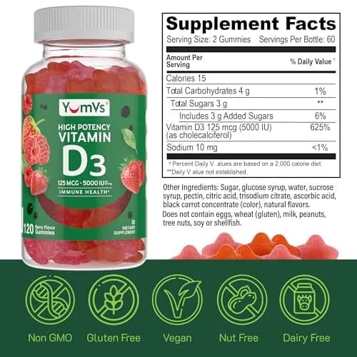 YUM-V'S Vitamin D3 Gummies 120 Count | 5000 IU Berry Vegetarian Supplement with Immune & Bone Support thumbnail 5