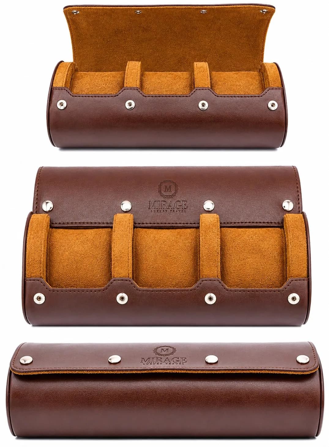 M Mirage Luxury Travel 3-Slot Watch Roll Case for Travel & Display | Espresso Brown Vegan Leather — Brown