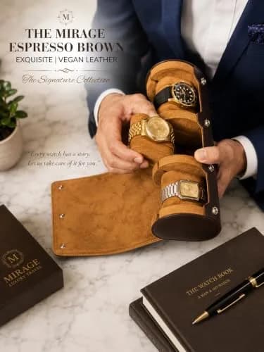 M Mirage Luxury Travel 3-Slot Watch Roll Case for Travel & Display | Espresso Brown Vegan Leather thumbnail 5