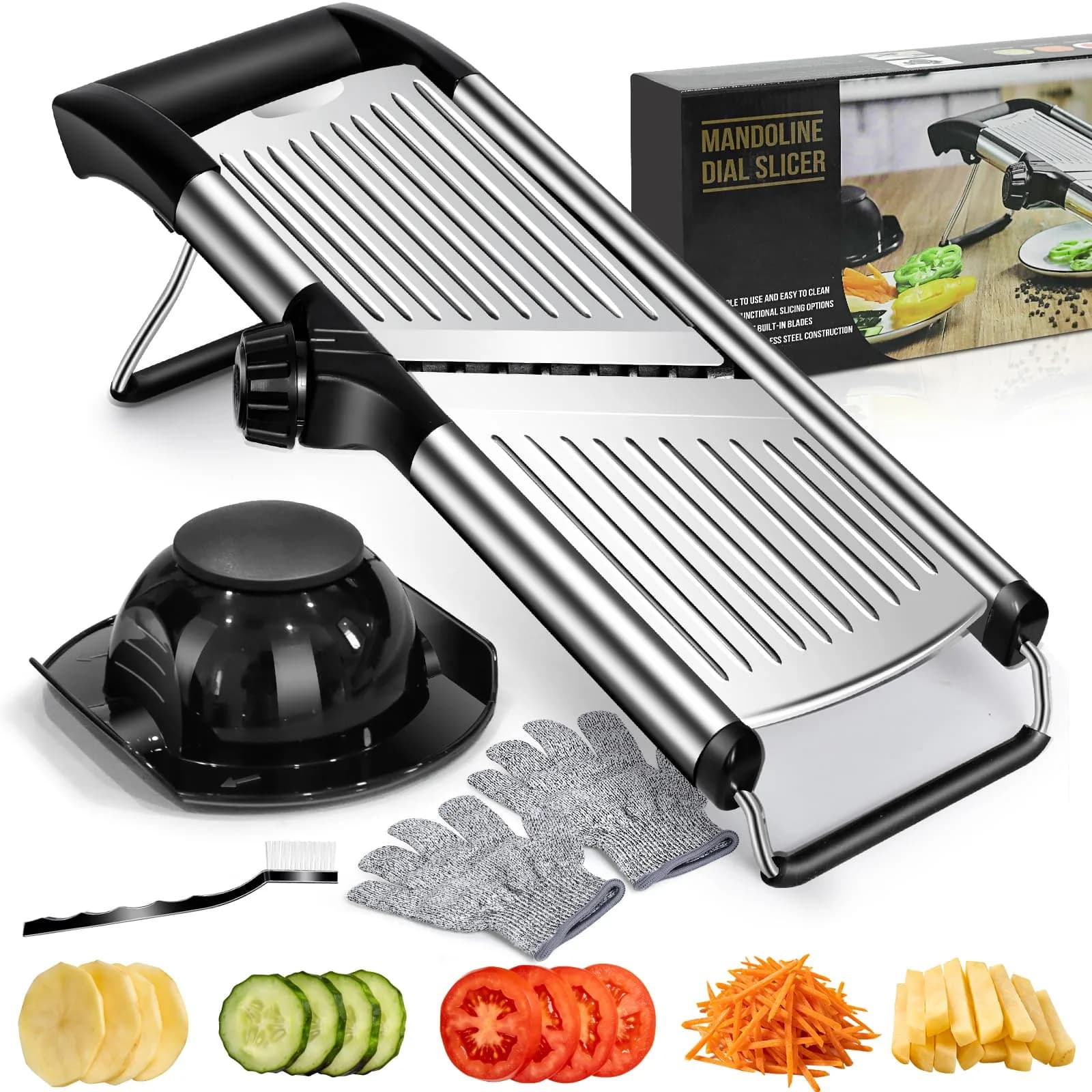 MASTERTOP Adjustable Mandoline Food Slicer, Stainless Steel Vegetable Cutter with 5 Blades | Safe Kitchen Tool for Salads & Chips