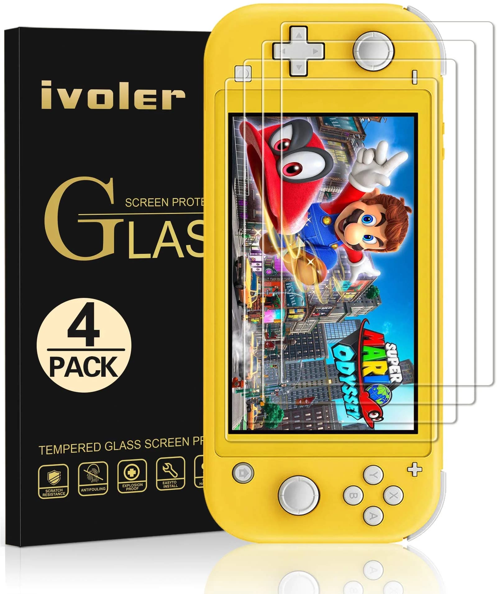 ivoler 4 Pack Screen Protector Tempered Glass for Nintendo Switch Lite, Transparent HD 9H Hardness | Clear Anti-Scratch Bubble-Free Fit - main product image