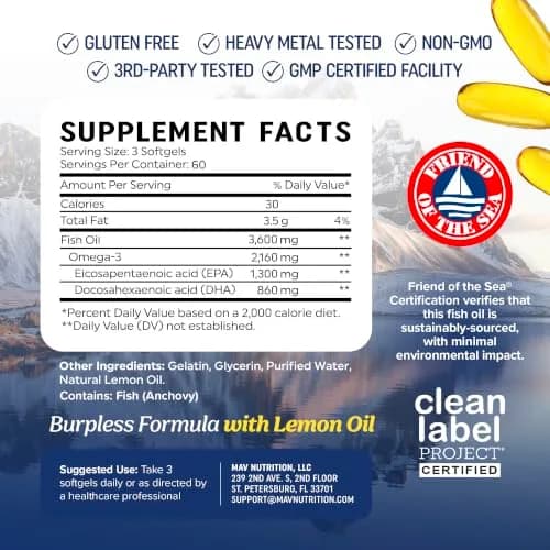 MAV NUTRITION Triple Strength Omega 3 Fish Oil 3600 mg, EPA & DHA, 2100mg Omega-3, 180 Softgels | Doctor-Formulated for Heart & Brain Health thumbnail 6