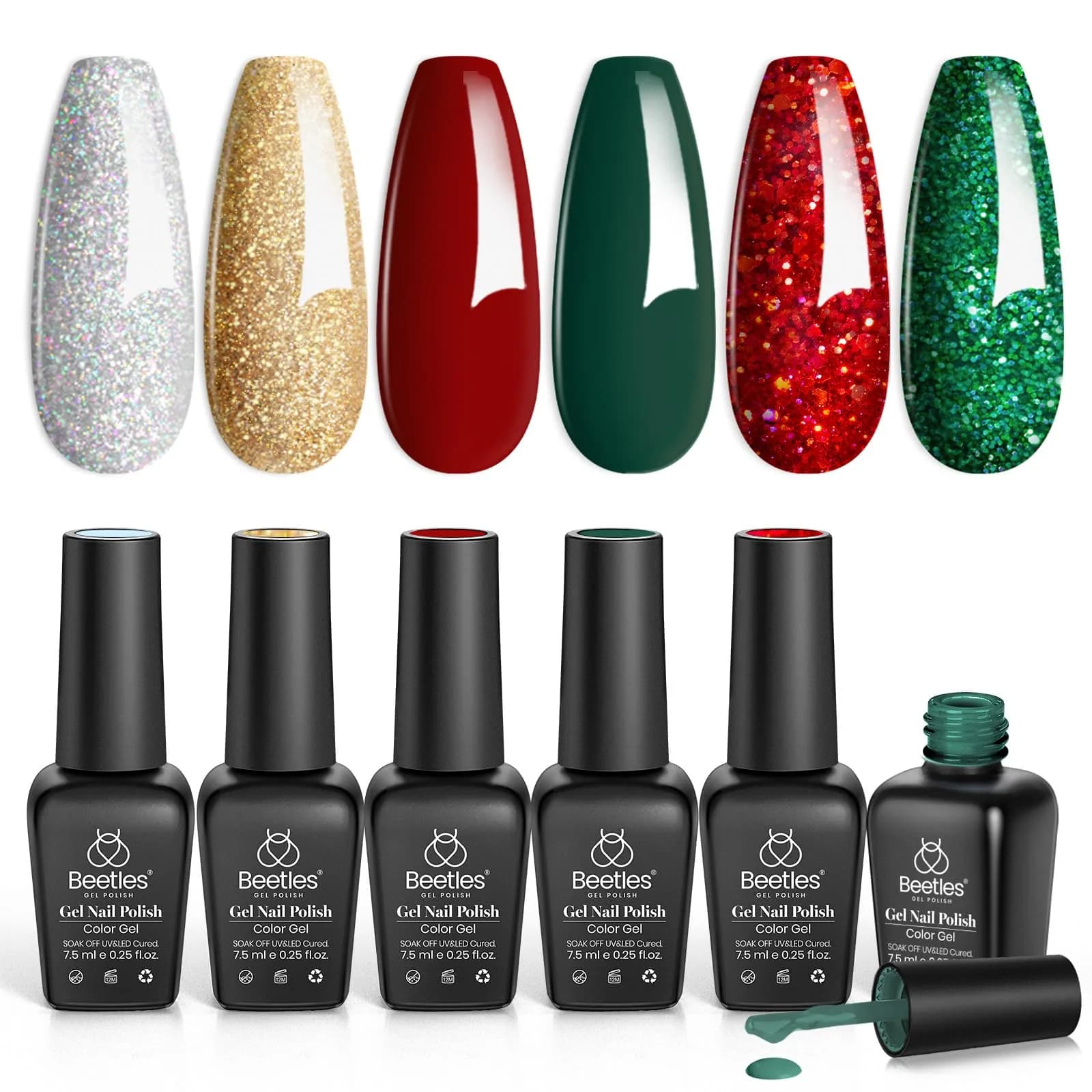 Beetles Gel Polish Set - That Girl Routine 6 Colors 7.5ml (0.25 Fl Oz) | Soak-Off UV/LED Curing Nail Art Kit — B-Red Green | Under the Mistletoe
