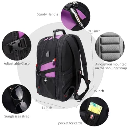SHRRADOO Large Travel Laptop Backpack for Women, Work College Backpacks with Combination Lock, 50L Capacity, Purple thumbnail 3