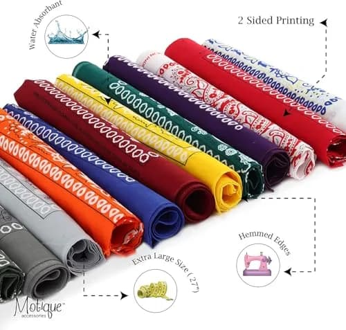 Motique Accessories Extra Large Solid Paisley Bandana 68cm x 68cm | 100% Cotton for Hair, Neck, Head thumbnail 2