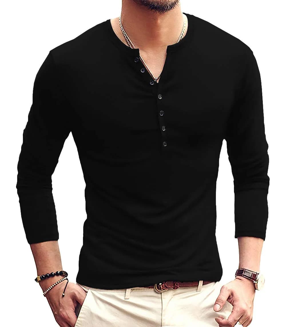 YTD Mens Casual Slim Fit Basic Henley Long Sleeve Fashion T-Shirt M Black | Comfortable Cotton Blend - main product image