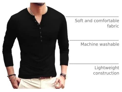 YTD Mens Casual Slim Fit Basic Henley Long Sleeve Fashion T-Shirt M Black | Comfortable Cotton Blend thumbnail 4