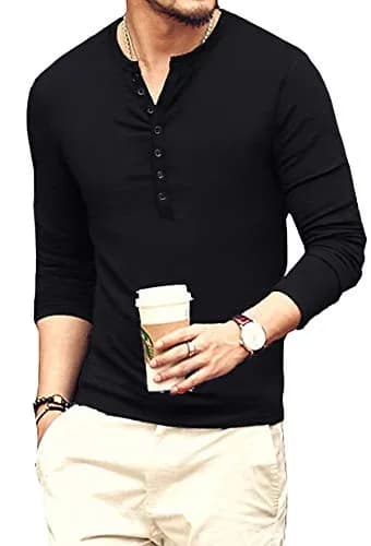 YTD Mens Casual Slim Fit Basic Henley Long Sleeve Fashion T-Shirt M Black | Comfortable Cotton Blend thumbnail 2
