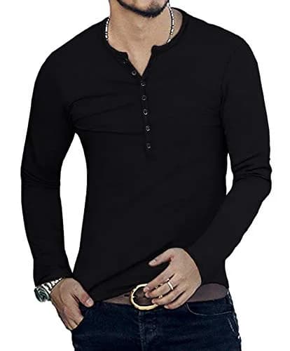 YTD Mens Casual Slim Fit Basic Henley Long Sleeve Fashion T-Shirt M Black | Comfortable Cotton Blend thumbnail 3