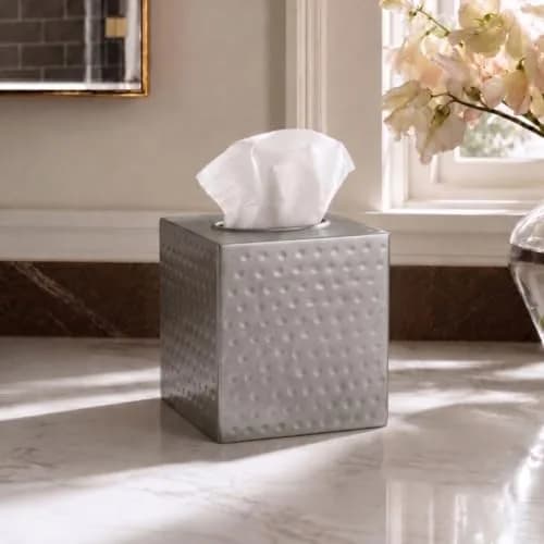 Monarch Abode Hand Hammered Pewter Metal Square Tissue Box Cover Holder | 13cm (5") x 13cm (5") x 13.3cm (5.25") thumbnail 4