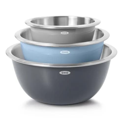 OXO Good Grips Stainless Steel Mixing Bowl Set - 3-Piece, 1.9L (1.5qt) / 2.8L (3qt) / 4.7L (5qt) | Nesting Bowls for Baking & Cooking — Blue & Gray