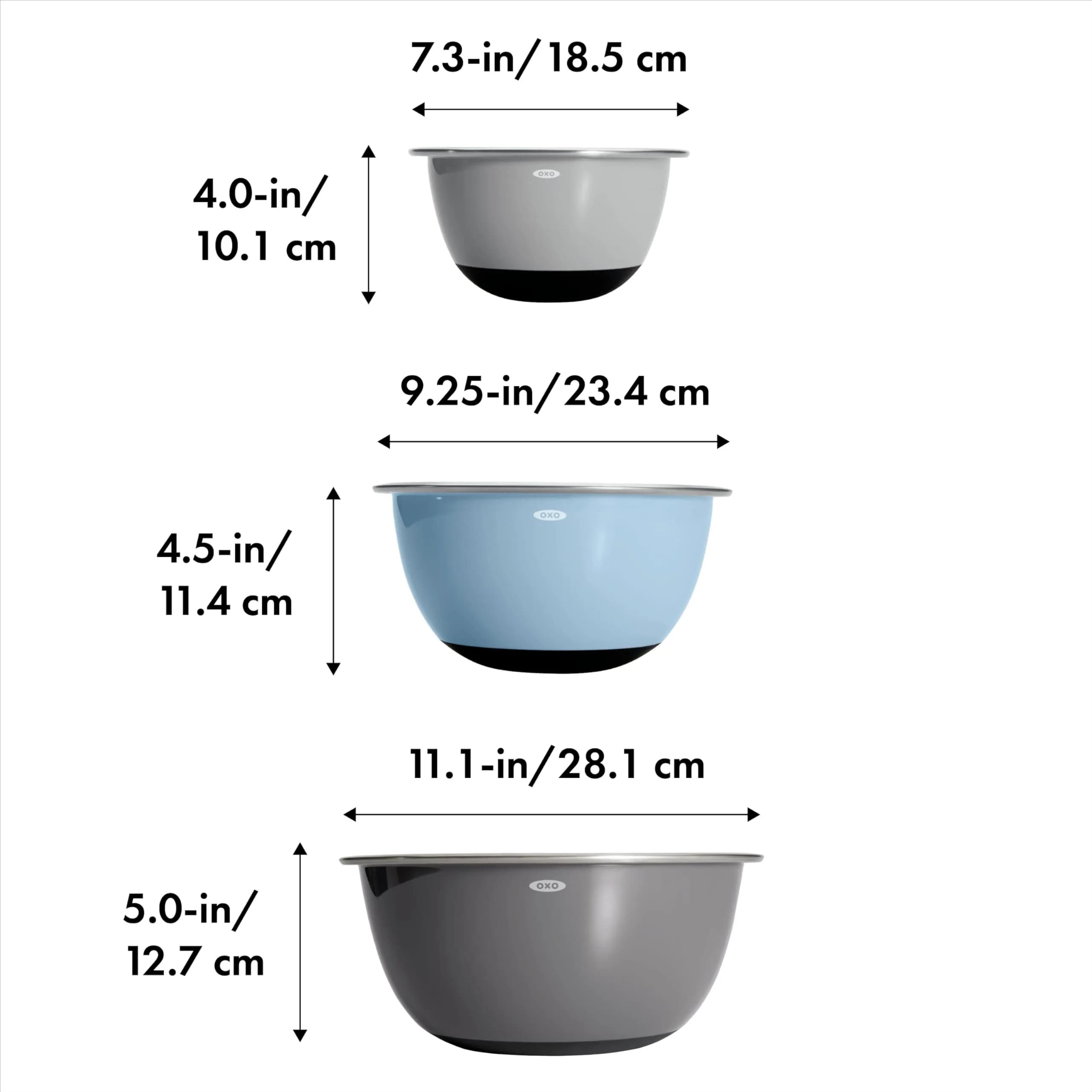 OXO Good Grips 3-Piece Stainless Steel Mixing Bowl Set - 1.9L (1.5 Qt), 2.8L (3 Qt), 4.7L (5 Qt) | Blue & Gray thumbnail 2