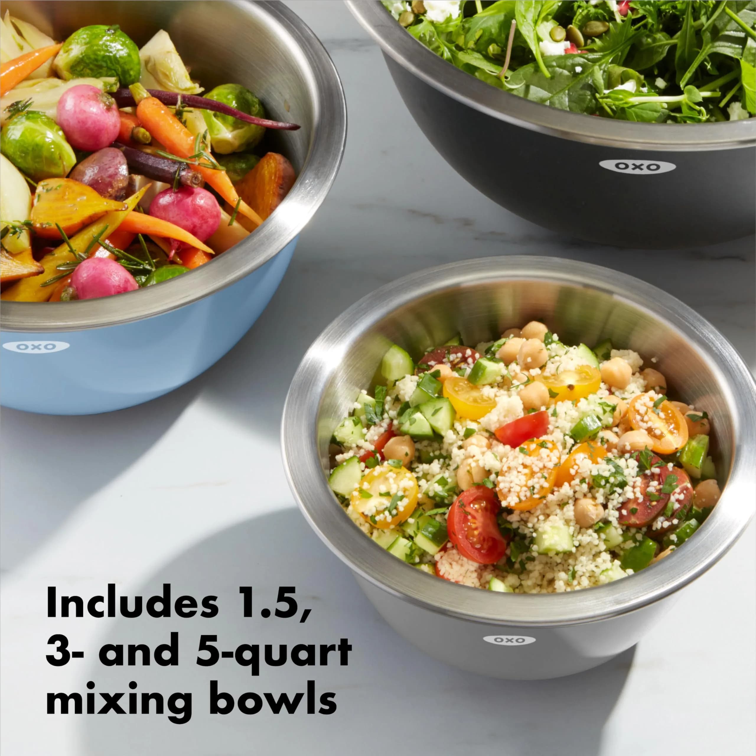 OXO Good Grips 3-Piece Stainless Steel Mixing Bowl Set - 1.9L (1.5 Qt), 2.8L (3 Qt), 4.7L (5 Qt) | Blue & Gray thumbnail 3