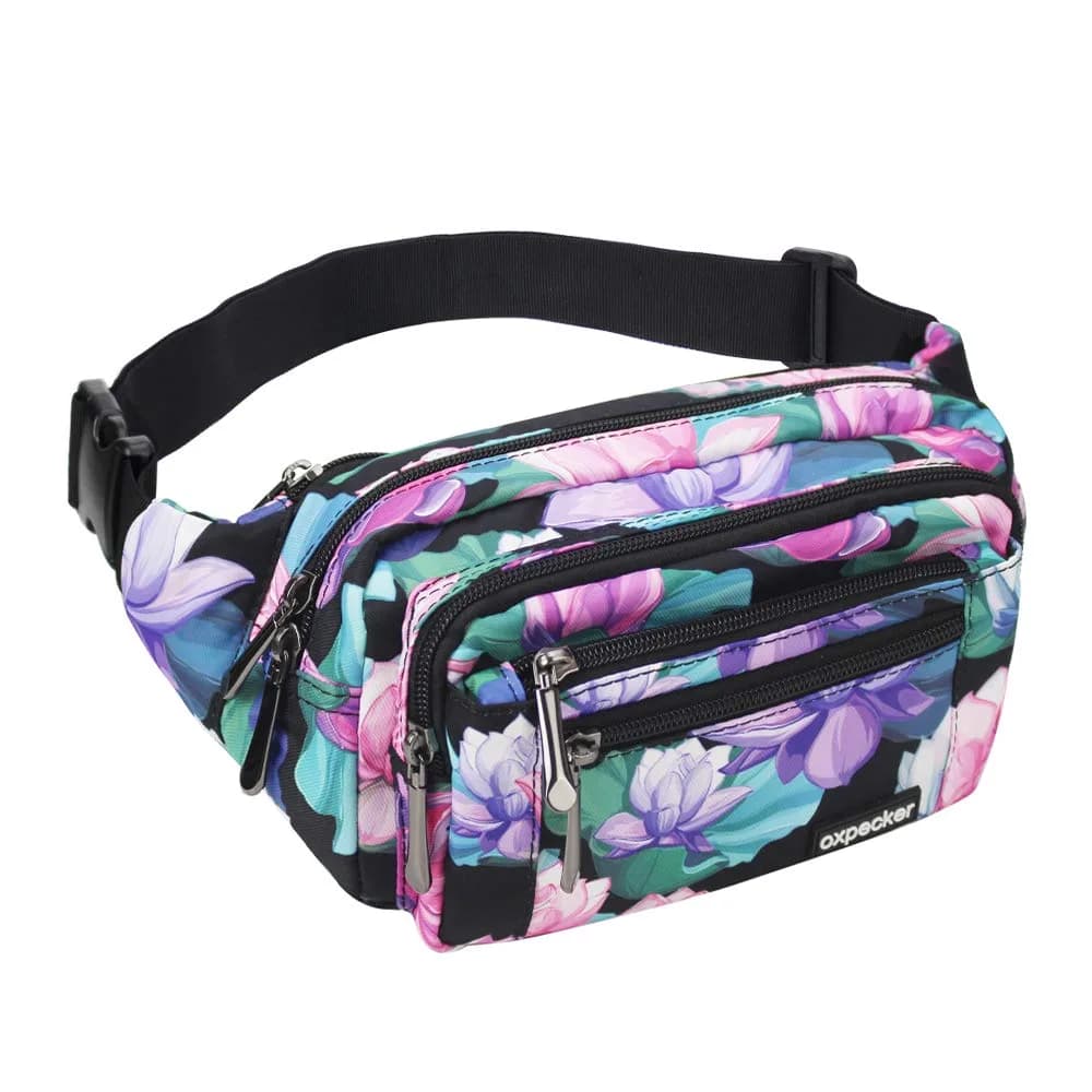 Oxpecker Waist Pack Bag Gray 21.59 cm x 6.99 cm x 13 cm | 5 Pockets, Water-Resistant, Adjustable Strap — Black Base Floral