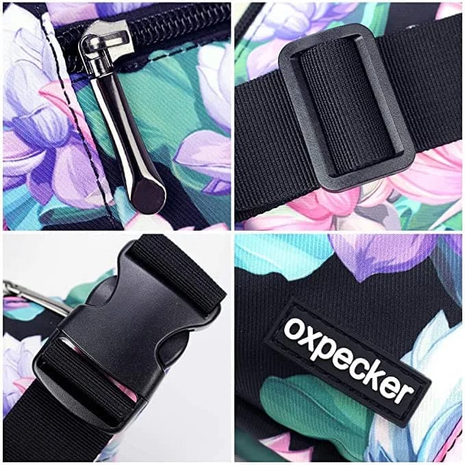 Oxpecker Waist Pack Bag Black Base Floral with Rain Cover 25.4cm (10in) | 5 Pockets, Adjustable Strap, Waterproof thumbnail 4