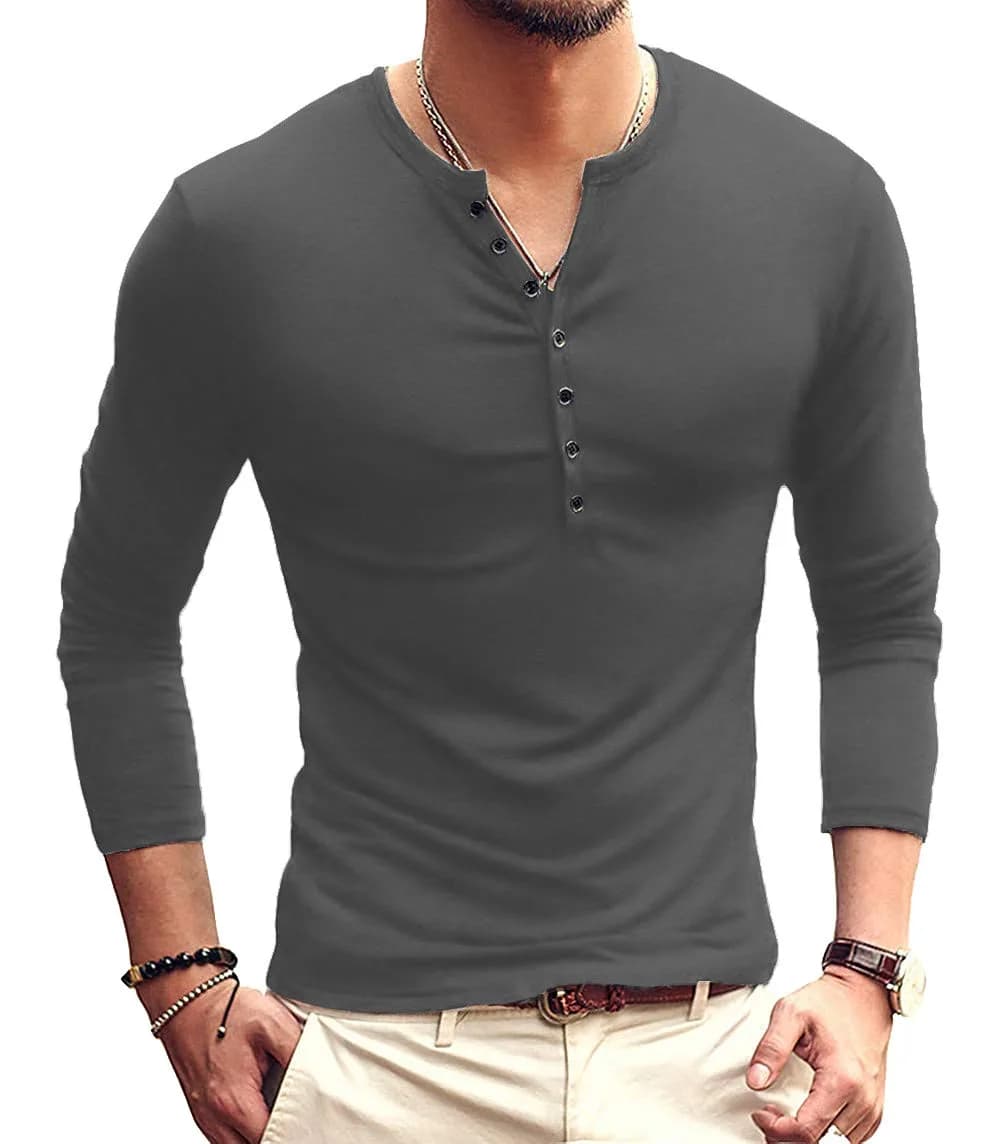 YTD Mens Casual Slim Fit Basic Henley Long Sleeve Fashion T-Shirt M Black | Comfortable Cotton Blend — 06 Long Sleeve Dark Gray / X-Large