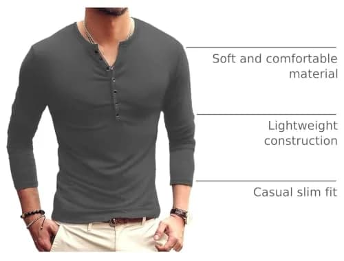 YTD Mens Casual Slim Fit Henley Long Sleeve T-Shirt XL Dark Gray | Comfortable, Slim Fit, Lightweight thumbnail 4