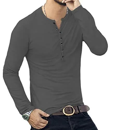YTD Mens Casual Slim Fit Henley Long Sleeve T-Shirt XL Dark Gray | Comfortable, Slim Fit, Lightweight thumbnail 6