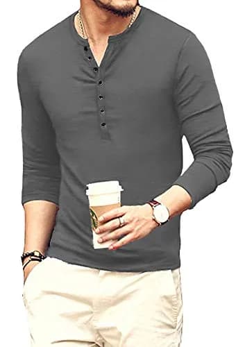 YTD Mens Casual Slim Fit Henley Long Sleeve T-Shirt XL Dark Gray | Comfortable, Slim Fit, Lightweight thumbnail 2