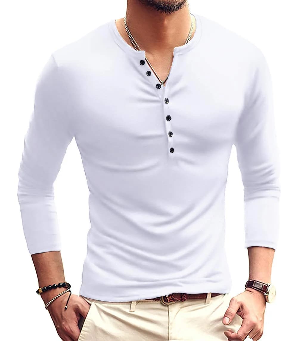YTD Mens Casual Slim Fit Basic Henley Long Sleeve Fashion T-Shirt M Black | Comfortable Cotton Blend — 02 Long Sleeve White / X-Large