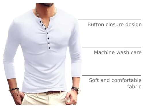 YTD Mens Casual Slim Fit Basic Henley Long Sleeve Fashion T-Shirt XL White | Comfortable Slim Fit Cotton Blend thumbnail 4